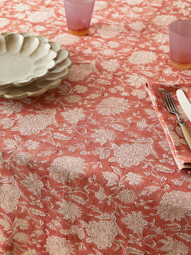 Chamois - Parrot Block-Printed Linen Rectangular Tablecloth (138in/3.5m) - Red - ABASK