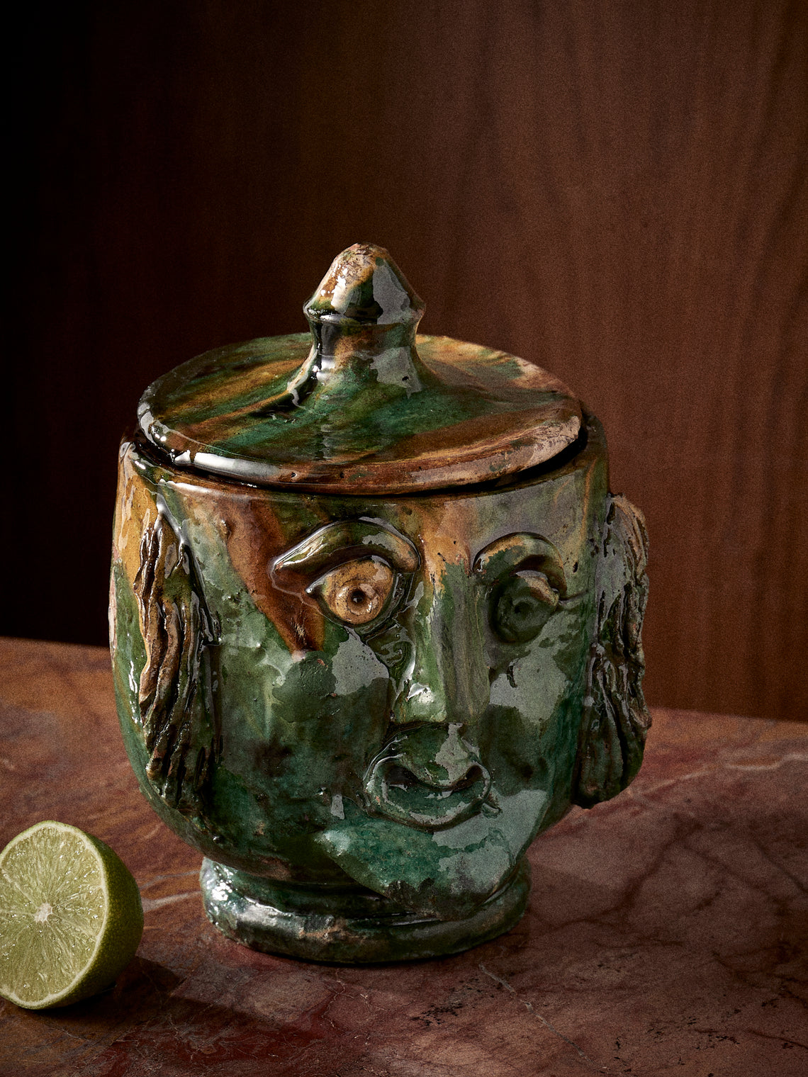 Antique and Vintage - 1990s Condurso Face Ceramic Vessel (6in/15.5cm) - Yellow - ABASK