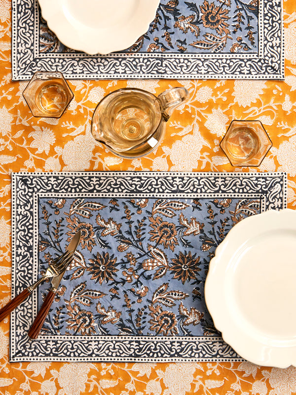 Chamois - Indian Summer Block-Printed Cotton Placemats (Set of 4) - Blue - ABASK
