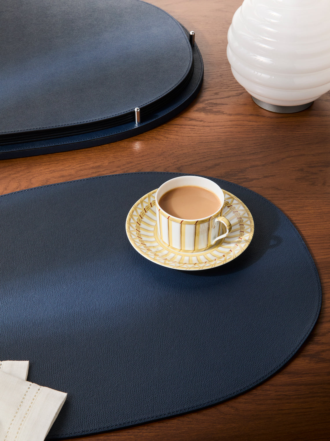 Giobagnara - David Leather Oval Reversible Placemats with Holder (Set of 6) - Blue - ABASK