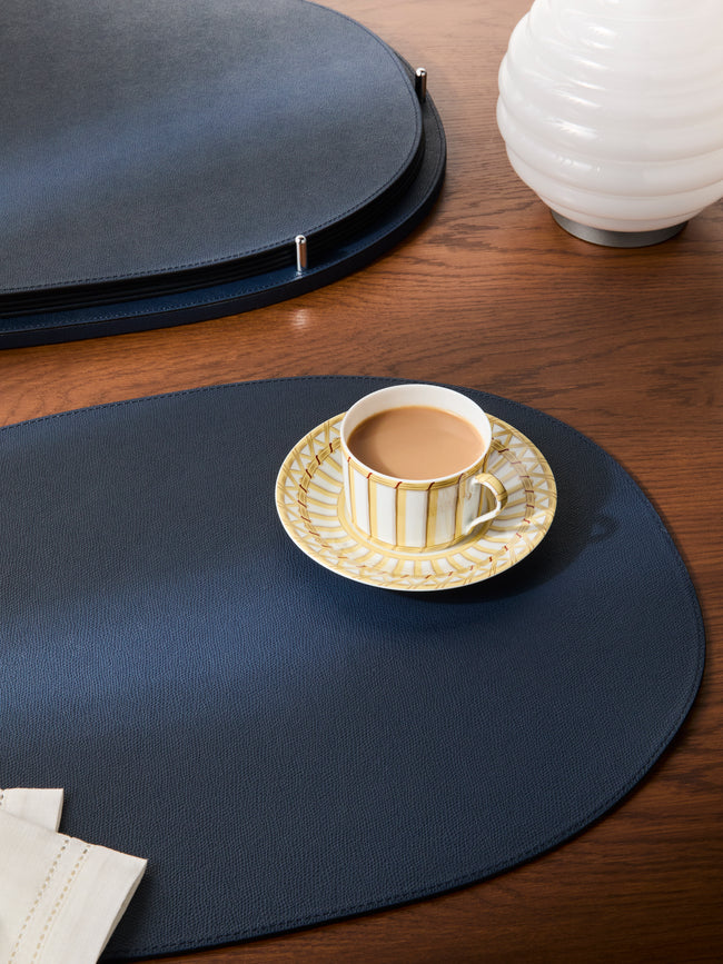 Giobagnara - David Leather Oval Reversible Placemats with Holder (Set of 6) - Blue - ABASK