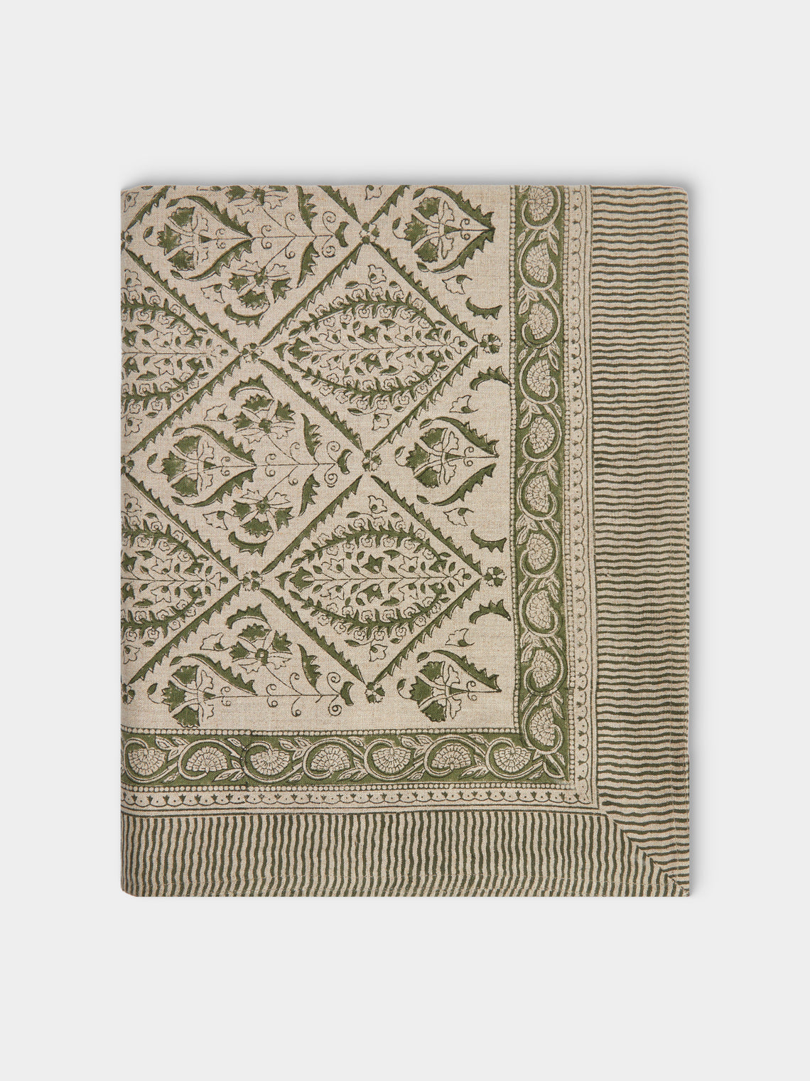 Chamois - Jaipur Block-Printed Linen Rectangular Tablecloth (106.5in/2.7m) - Green - ABASK - 