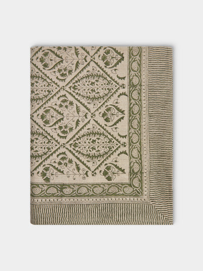 Chamois - Jaipur Block-Printed Linen Rectangular Tablecloth (106.5in/2.7m) - Green - ABASK - 