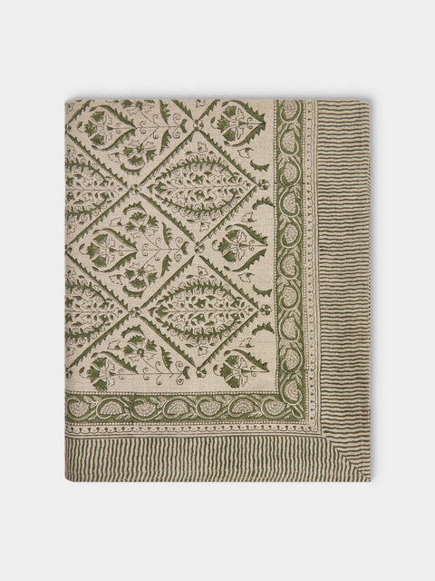 Chamois - Jaipur Block-Printed Linen Rectangular Tablecloth (106.5in/2.7m) - Green - ABASK - 