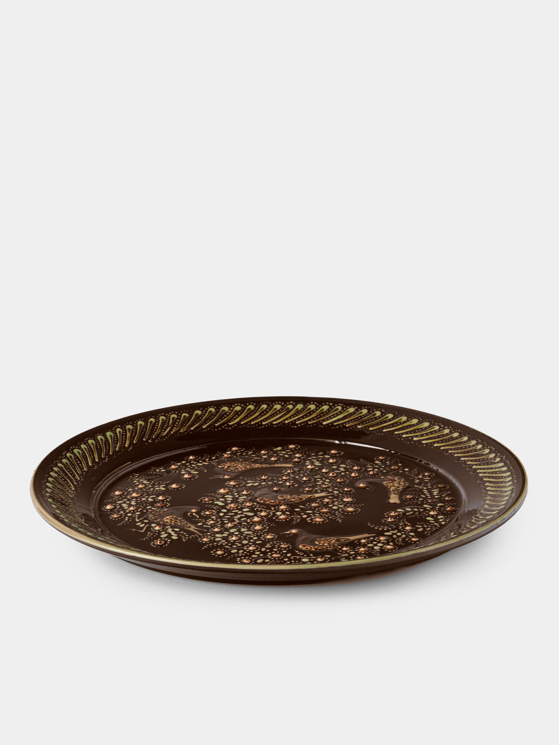 Poterie d’Évires - Birds Hand-Painted Ceramic Round Platter - Dark Brown - ABASK