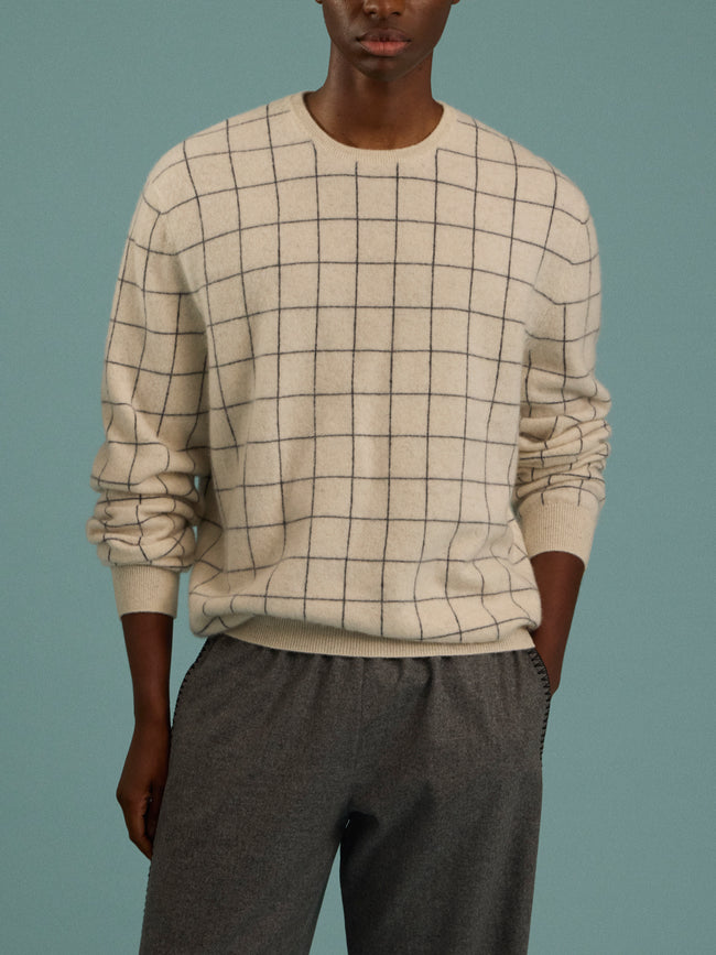 Frenckenberger - Cashmere R-Neck Boyfriend Check Sweater - Gray - ABASK