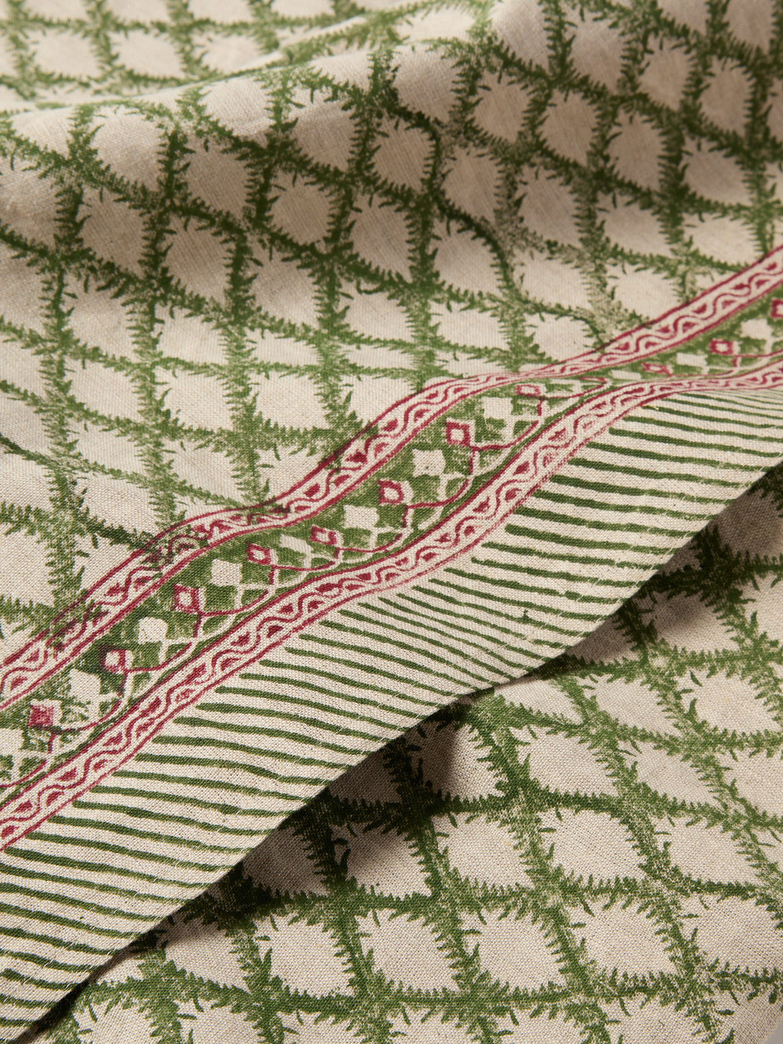 Chamois - Cypress Block-Printed Linen Rectangular Tablecloth (138in/3.5m) - Green - ABASK