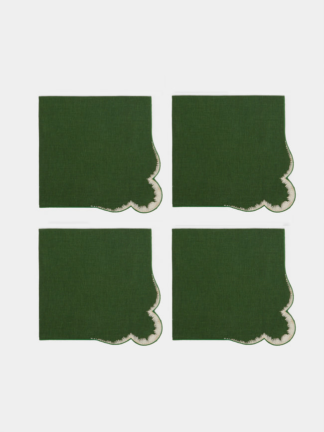 Los Encajeros - Valver Embroidered Linen Napkins (Set of 4) - Green - ABASK - 