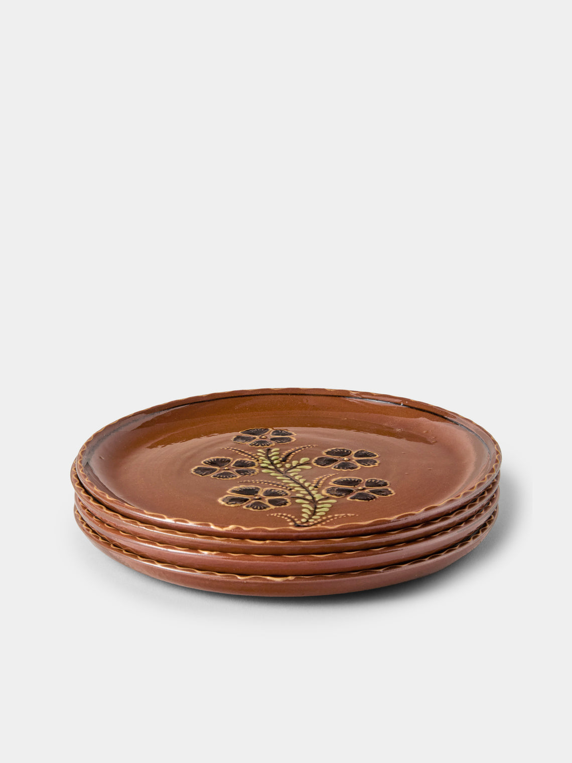 Poterie d’Évires - Flowers Hand-Painted Ceramic Dinner Plates – 9.5in/24cm (Set of 4) - Light Brown - ABASK