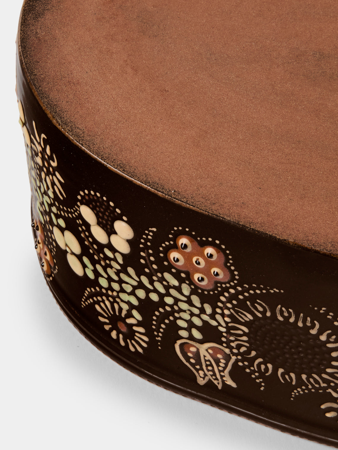 Poterie d’Évires - Flowers Hand-Painted Ceramic Oval Dish - Dark Brown - ABASK