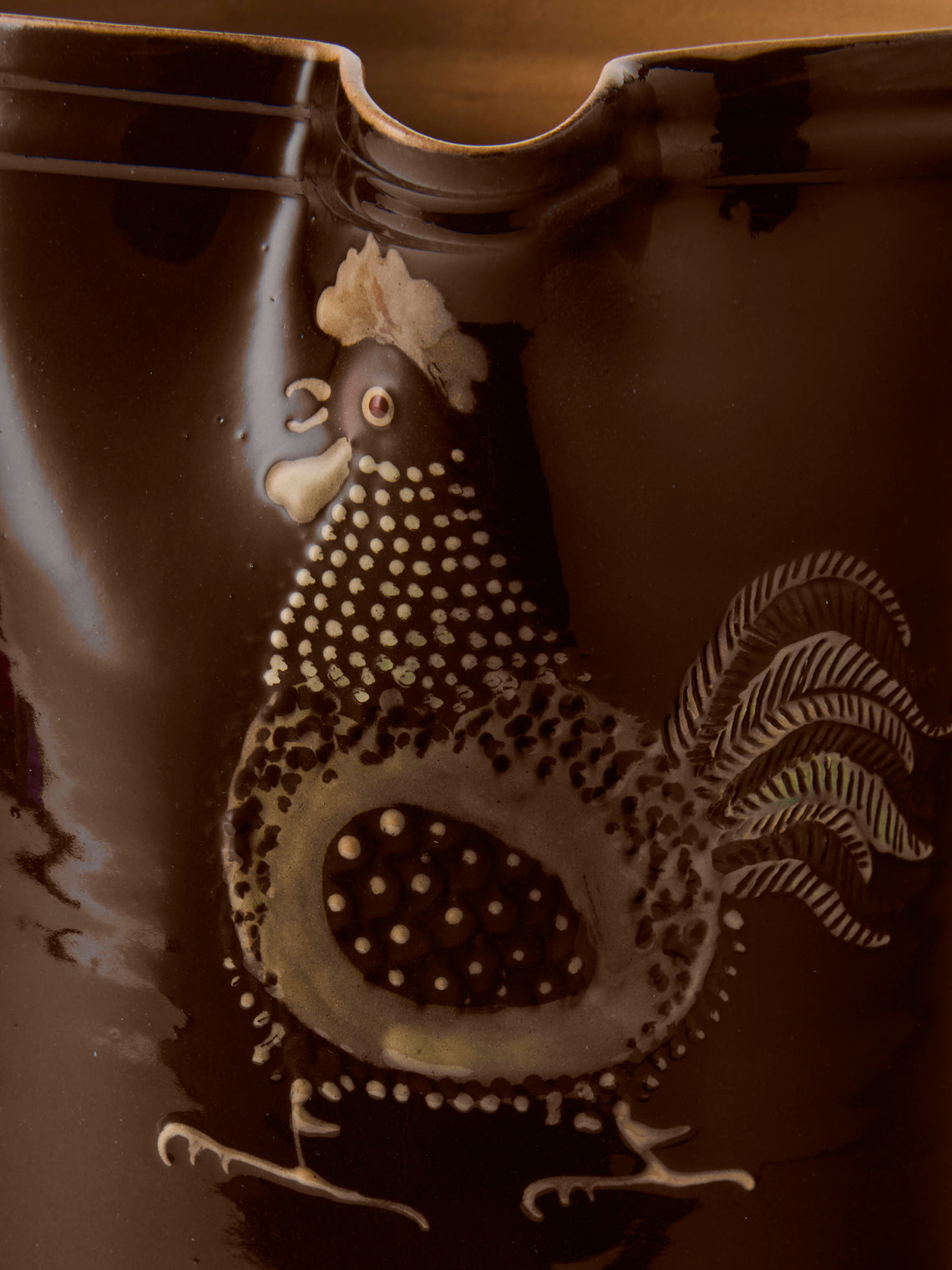Poterie d’Évires - Chickens Hand-Painted Ceramic Straight-Edge Medium Jug - Dark Brown - ABASK