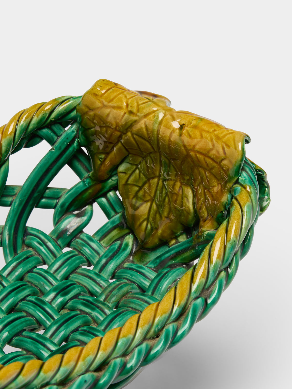 Antique and Vintage - Mid-Century Majolica Ceramic Basket - Green - ABASK