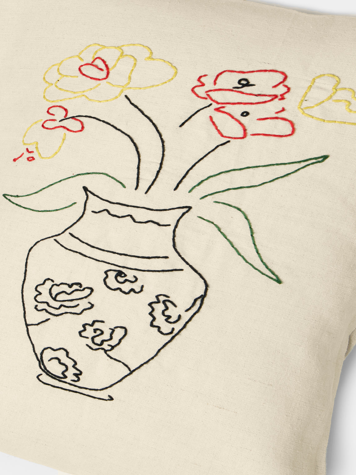 Oeuvres Sensibles - Vase Hand-Embroidered Cotton and Hemp Linen Cushion (15.5in/40cm) - Cream - ABASK