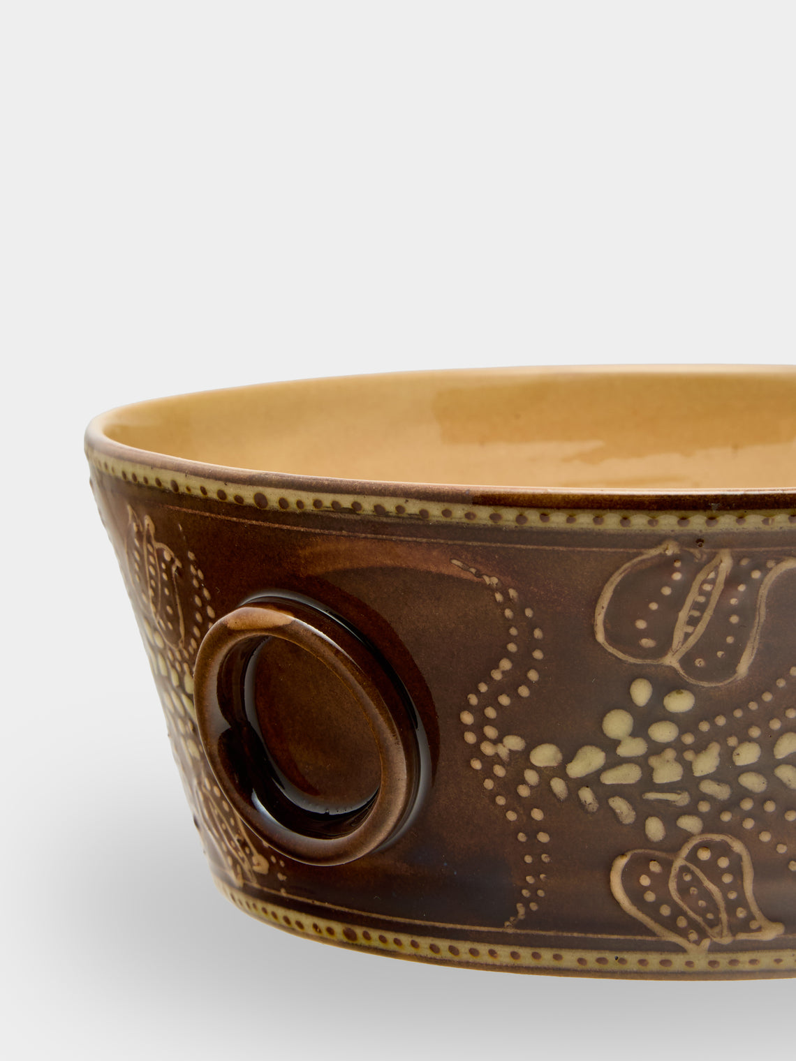 Poterie d’Évires - Flowers Hand-Painted Ceramic Small Handled Serving Bowl - Dark brown - ABASK