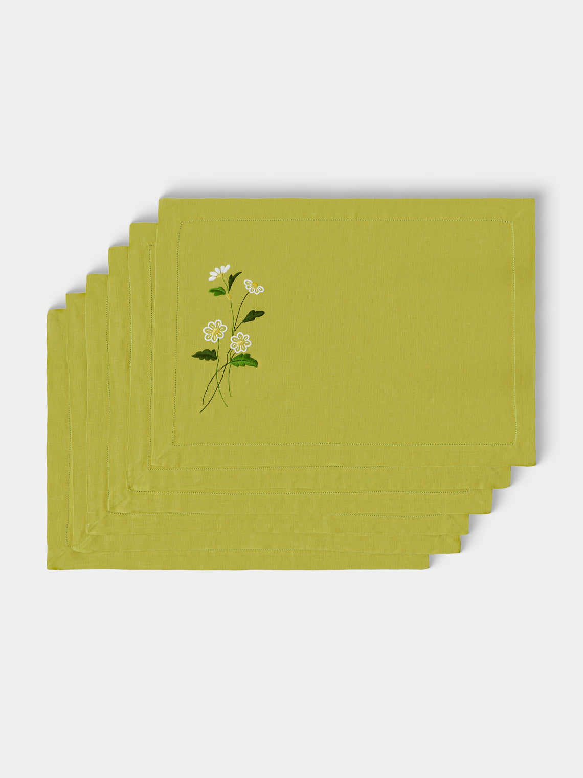 Taf Firenze - | Set of 6 | Daisy Hand-Embroidered Linen Placemats and Napkins - Green - ABASK