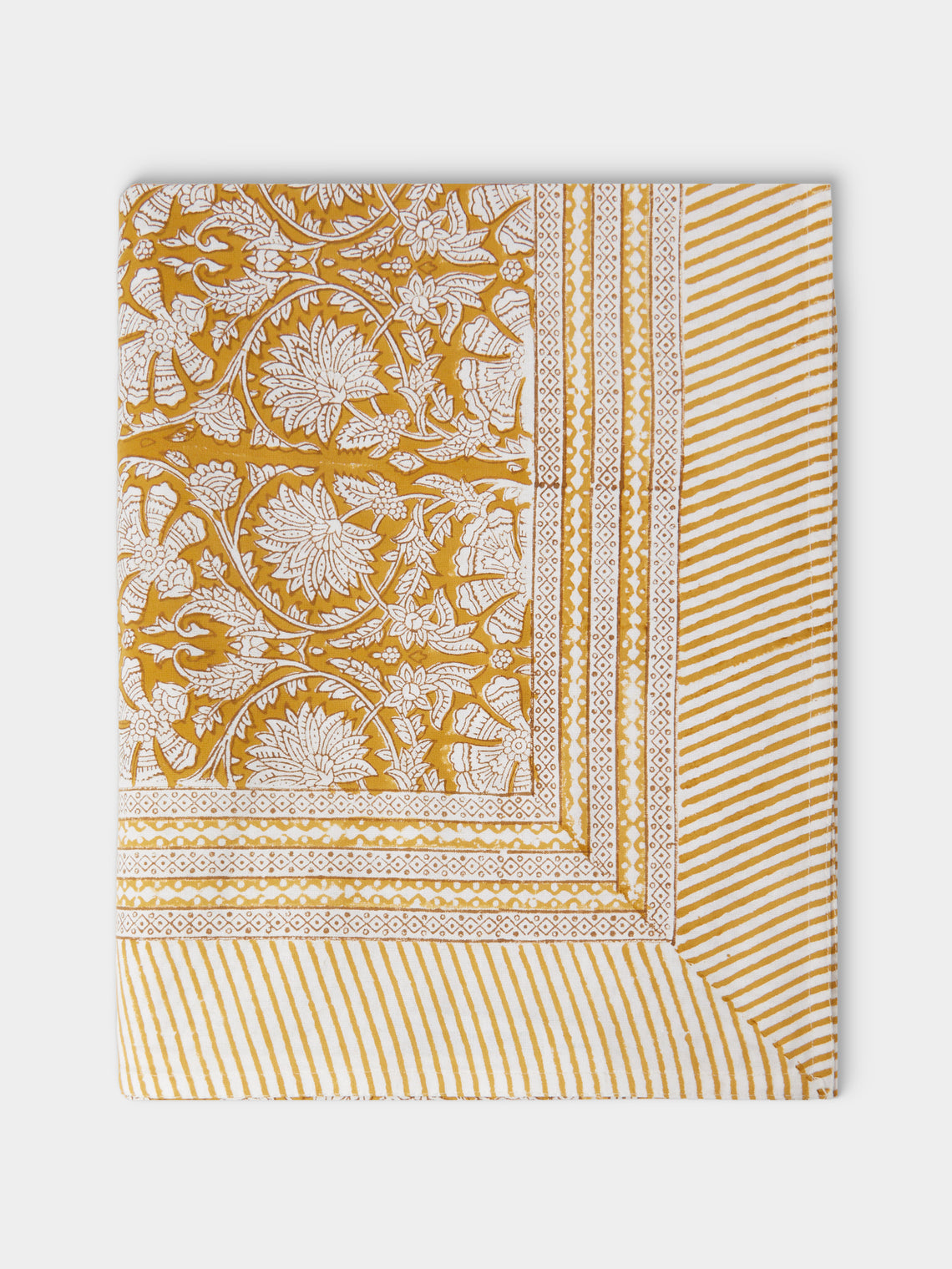 Chamois - Paradise Block-Printed Cotton Rectangular Tablecloth (106.5in/2.7m) - Yellow - ABASK - 