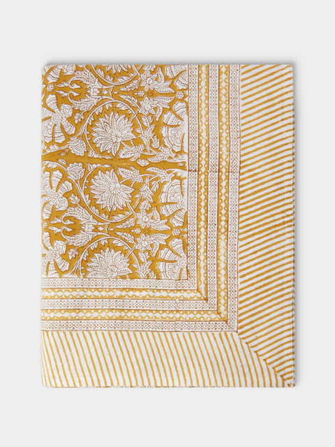Chamois - Paradise Block-Printed Cotton Rectangular Tablecloth (106.5in/2.7m) - Yellow - ABASK - 