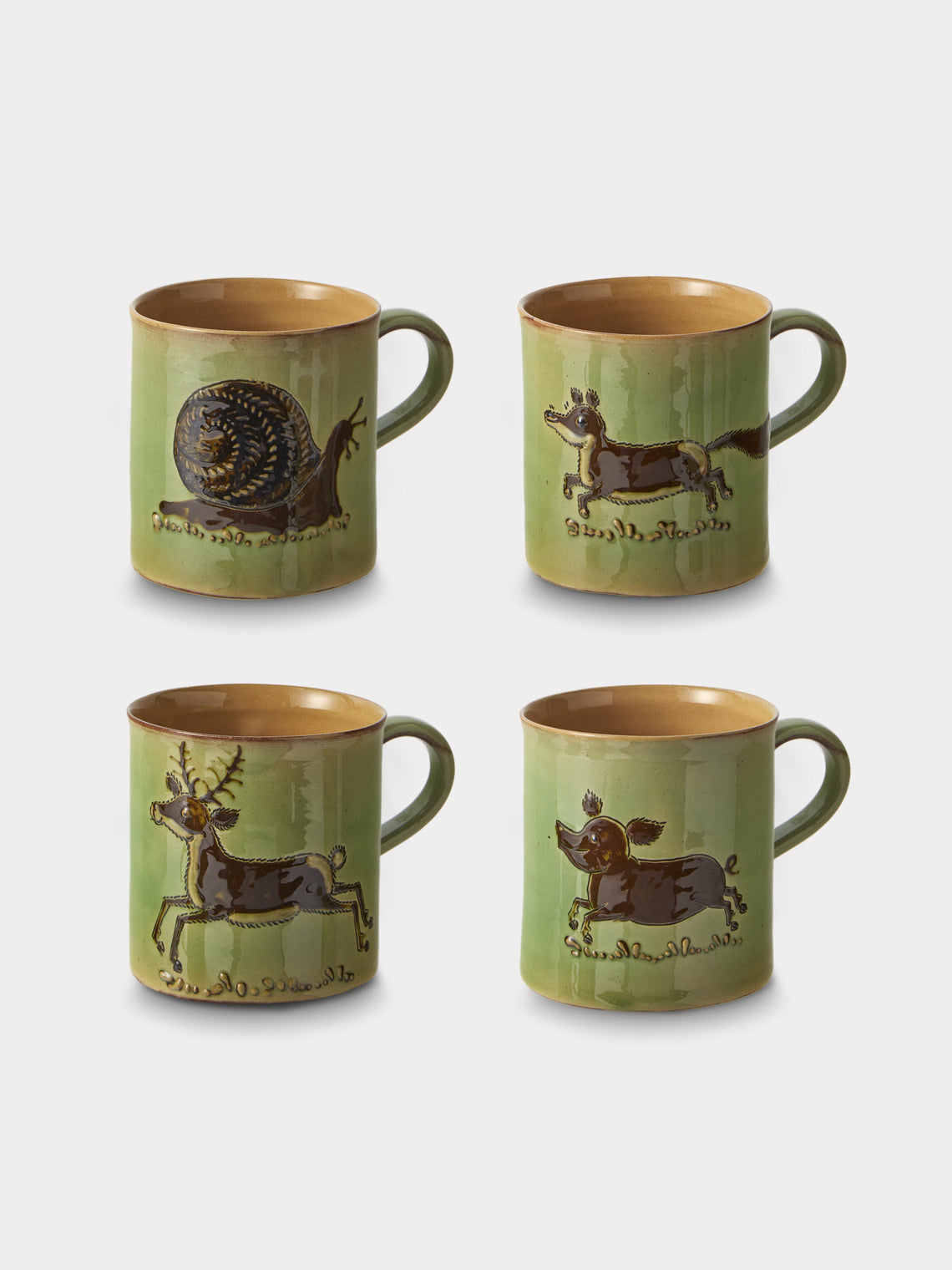 Poterie d’Évires - Animals Hand-Painted Ceramic Mugs (Set of 4) - Green - ABASK - 