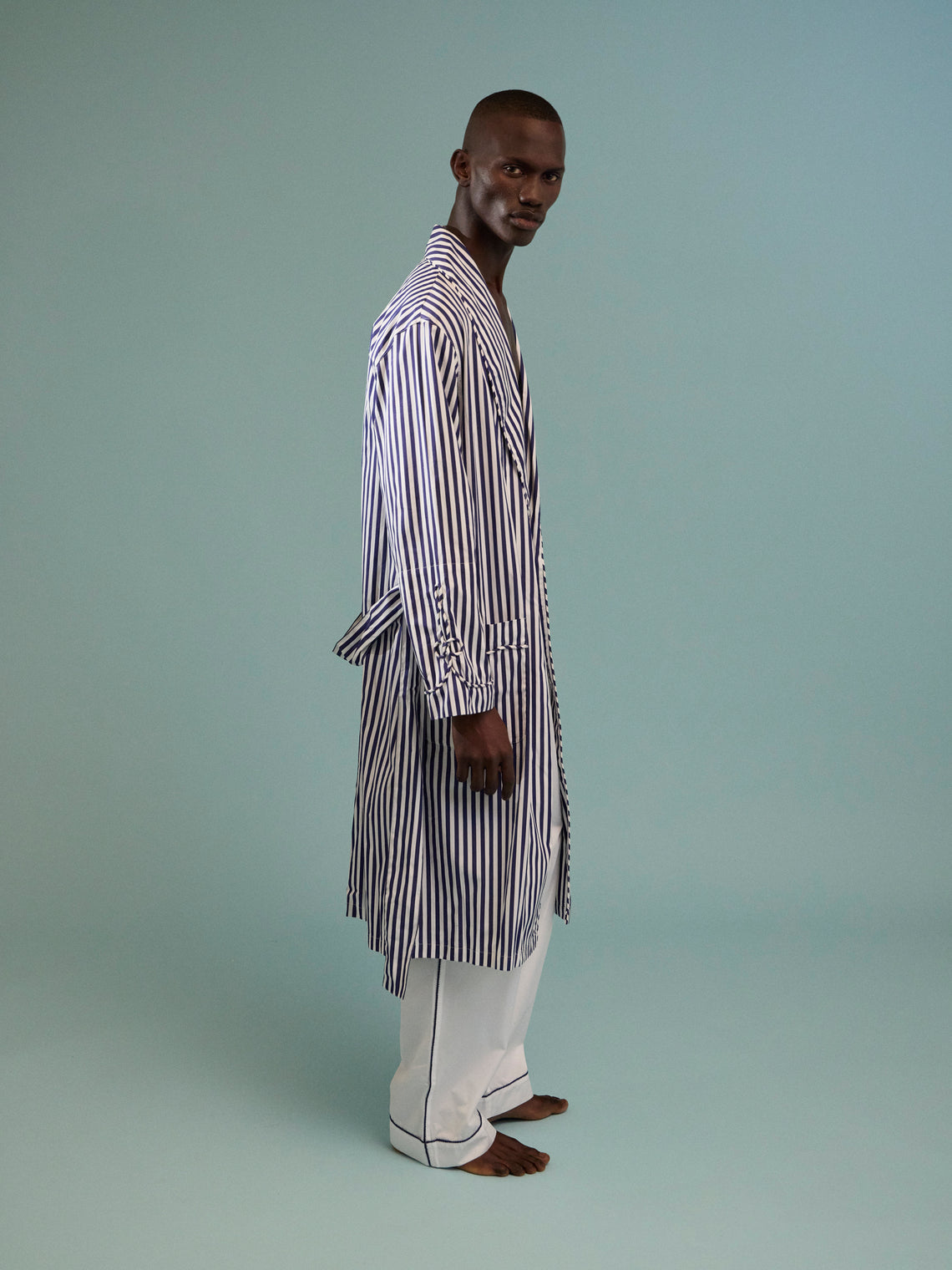 Sebline - Frogging Hand-Embroidered Cotton Robe - Blue - ABASK