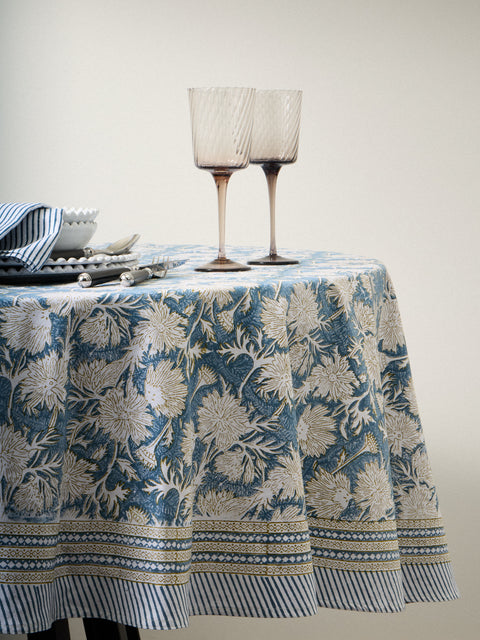 Chamois - Waterlily Block-Printed Cotton Round Tablecloth (86.5in/2.2m) - Blue - ABASK