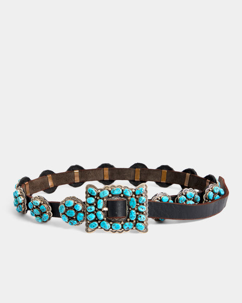 Mahnaz Collection - Women's Vintage 1990 Dan Martinez Navajo Concho Sterling Silver, Turquoise and Leather Belt - Brown - ABASK - 