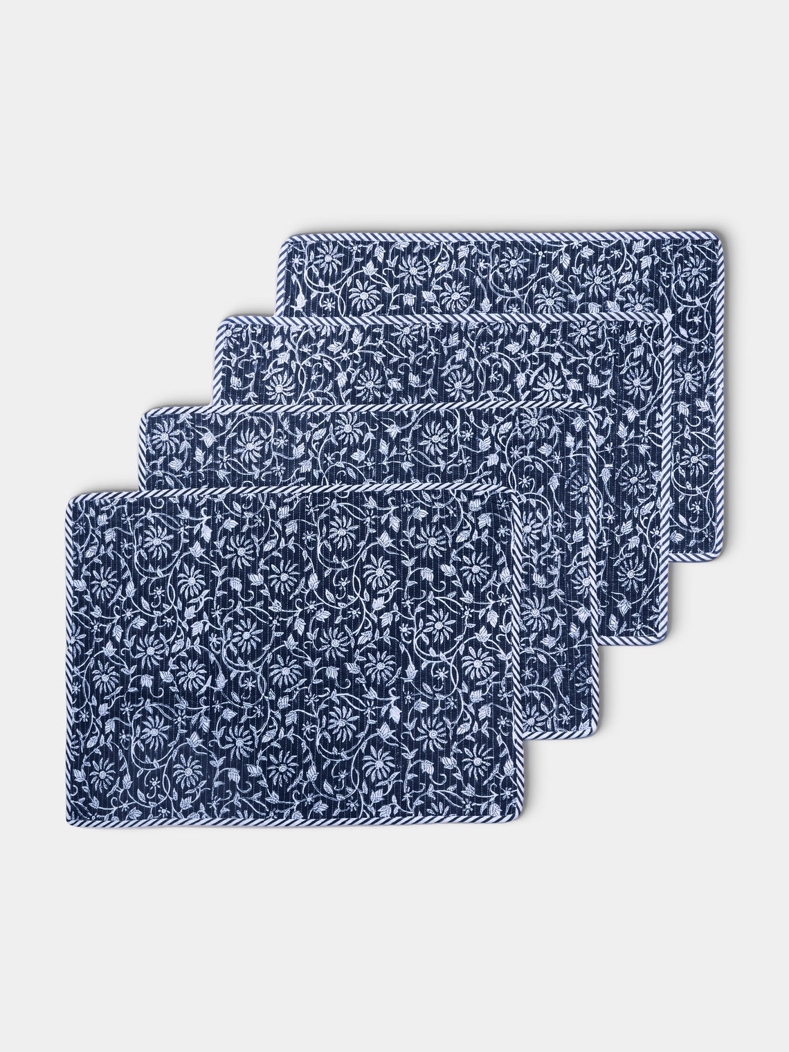 Chamois - Margerita Block-Printed Cotton Quilted Placemats (Set of 4) - Blue - ABASK