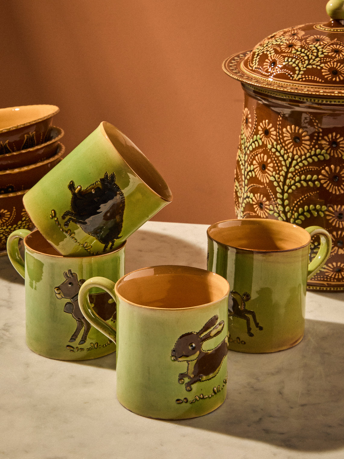 Poterie d’Évires - Animals Hand-Painted Ceramic Mugs (Set of 4) - Green - ABASK