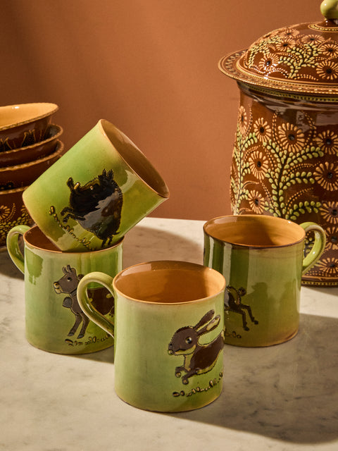 Poterie d’Évires - Animals Hand-Painted Ceramic Mugs (Set of 4) - Green - ABASK