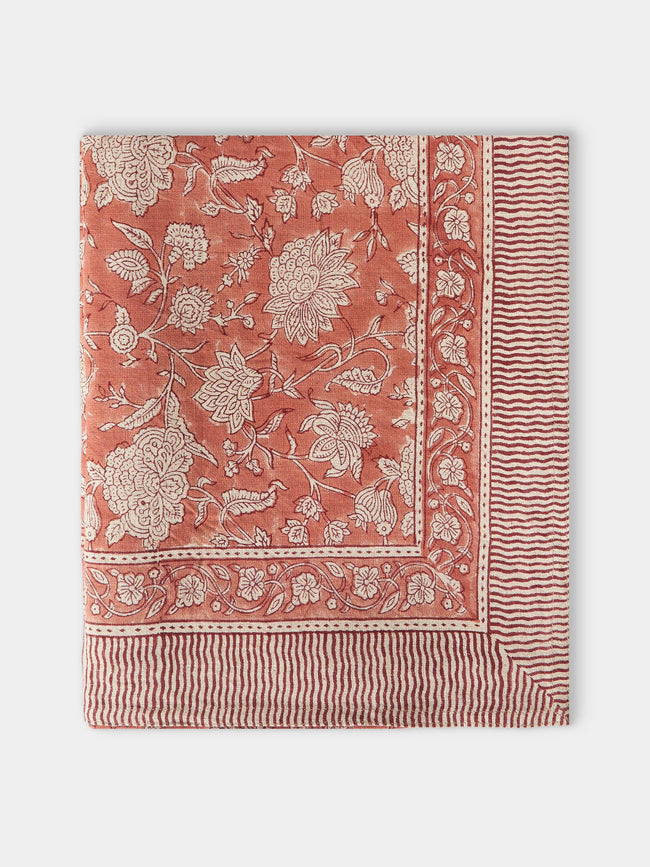 Chamois - Parrot Block-Printed Linen Rectangular Tablecloth (138in/3.5m) - Red - ABASK - 