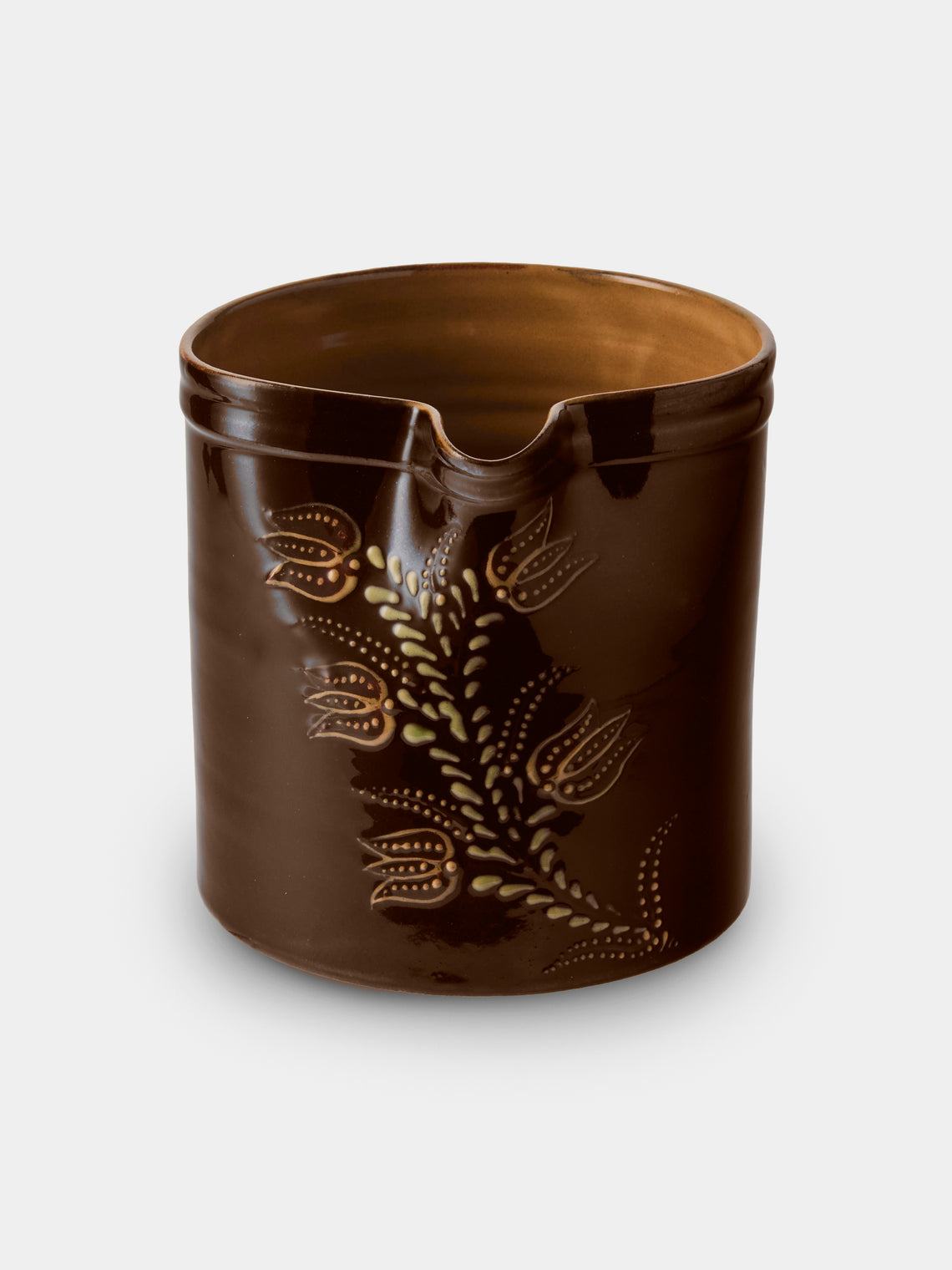 Poterie d’Évires - Flowers Hand-Painted Ceramic Straight-Edge Medium Jug - Dark Brown - ABASK