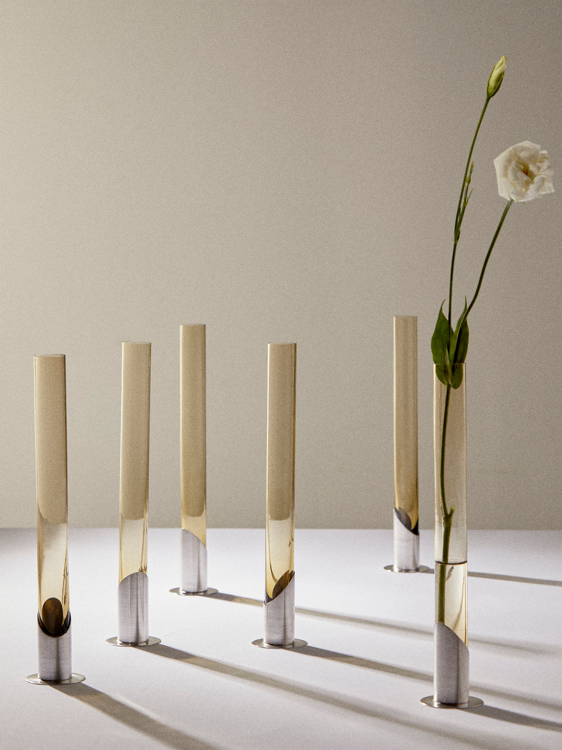 Antique and Vintage - | Set of 6 | 1970 Murano Glass and Sterling Silver Vases (9in/23cm) - Smoke - ABASK
