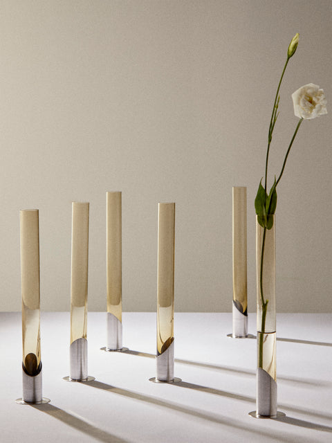 Antique and Vintage - | Set of 6 | 1970 Murano Glass and Sterling Silver Vases (9in/23cm) - Smoke - ABASK