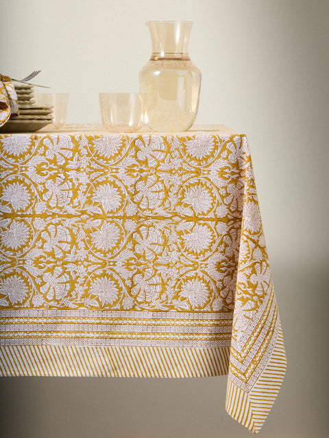 Chamois - Paradise Block-Printed Cotton Rectangular Tablecloth (106.5in/2.7m) - Yellow - ABASK