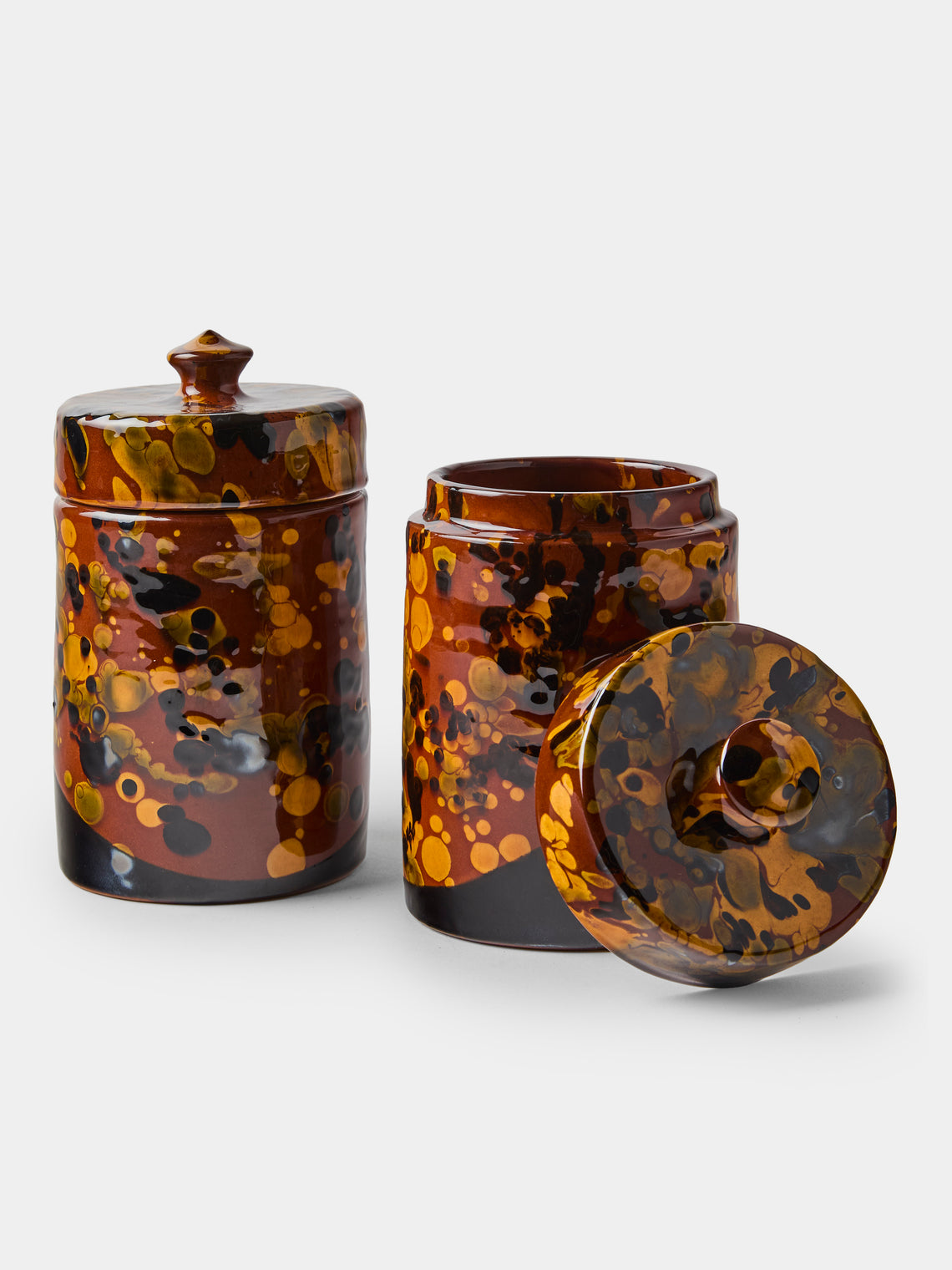 Poterie de Cliousclat - Hand-Speckled Slipware Lidded Pots (Set of 2) - Brown - ABASK