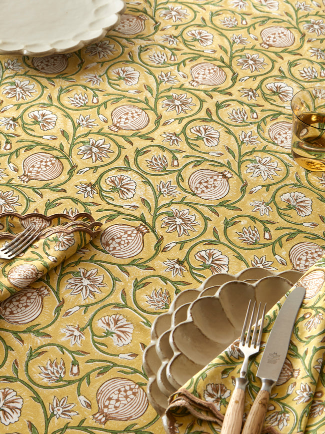 Chamois - Tangier Pomegranate Block-Printed Cotton Round Tablecloth (86.5in/2.2m) - Yellow - ABASK