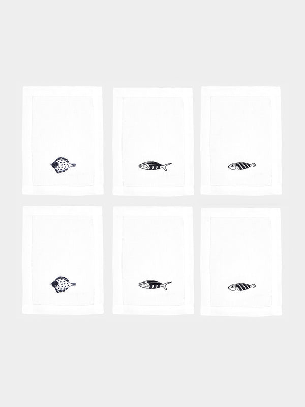 Loretta Caponi - Mendini Fish Hand-Embroidered Linen Cocktail Napkins (Set of 6) - White - ABASK - 