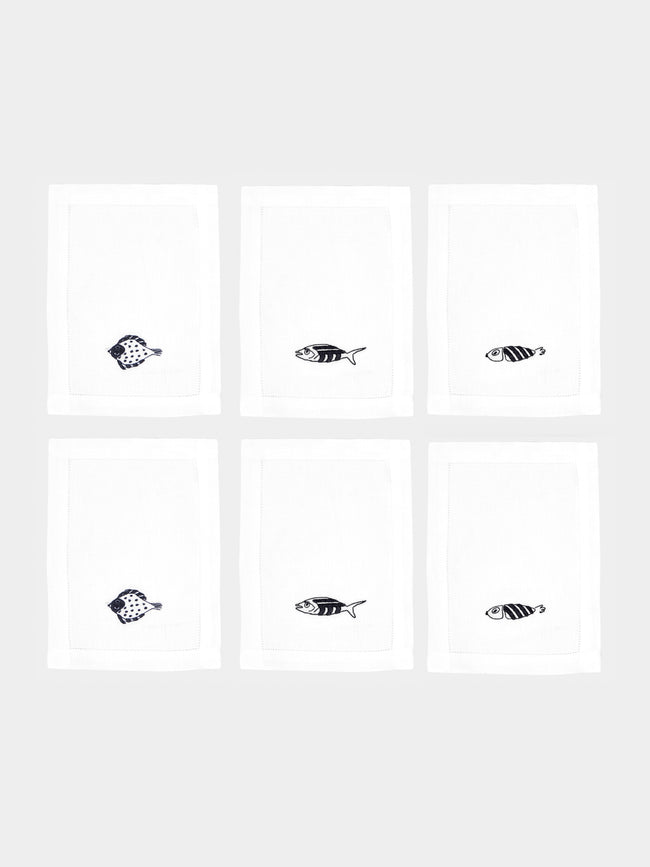 Loretta Caponi - Mendini Fish Hand-Embroidered Linen Cocktail Napkins (Set of 6) - White - ABASK - 