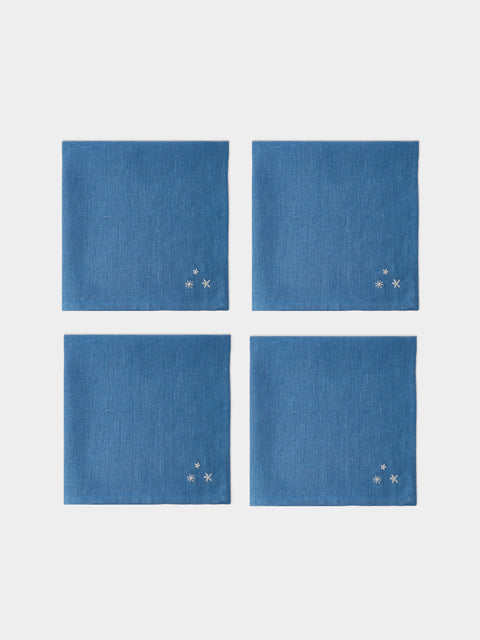 Anut Cairo - Starry Hand-Embroidered Linen Napkins (Set of 4) - Blue - ABASK
