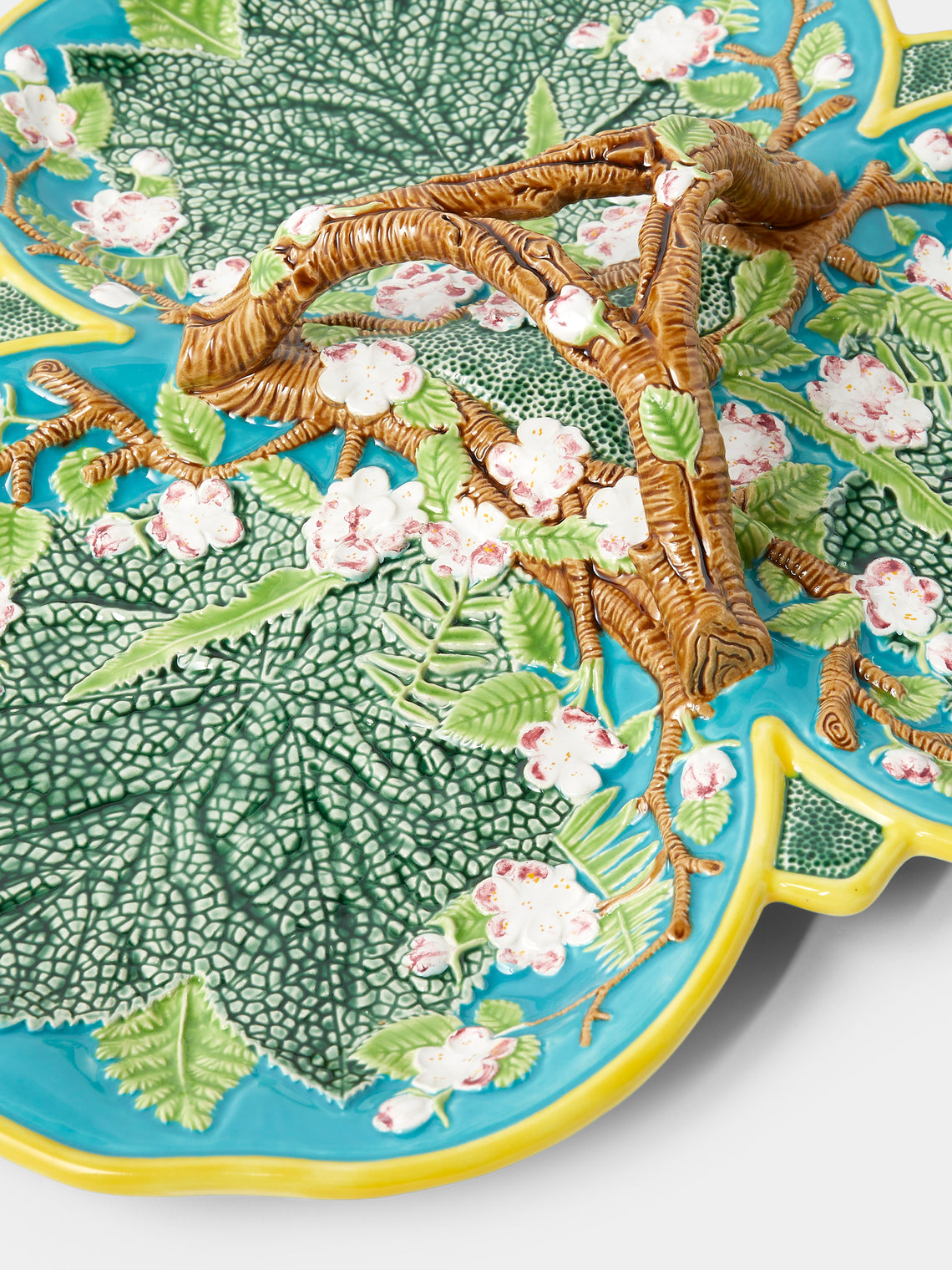 Verdolini - Plum Blossom Hand-Painted Majolica Ceramic Triple Serving Dish - Green - ABASK