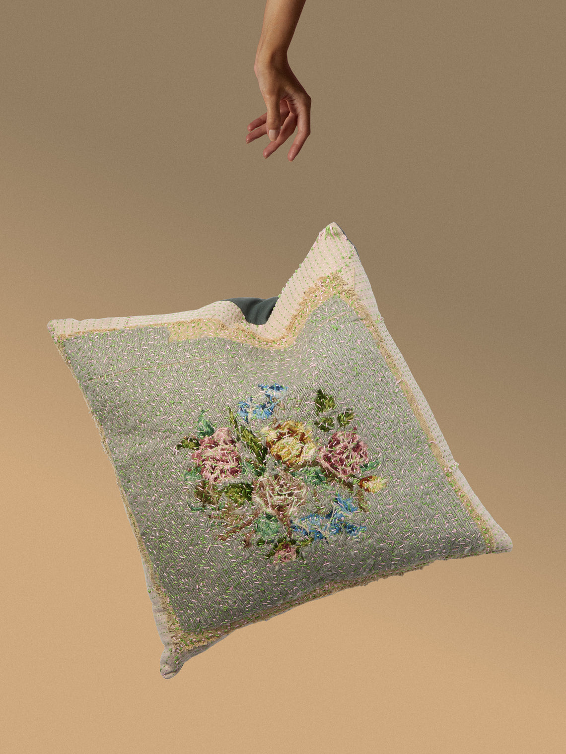 By Walid - 19th-Century Victorian Needlepoint Wool and Linen Cushion (19.5in/50cm) - Multiple - ABASK