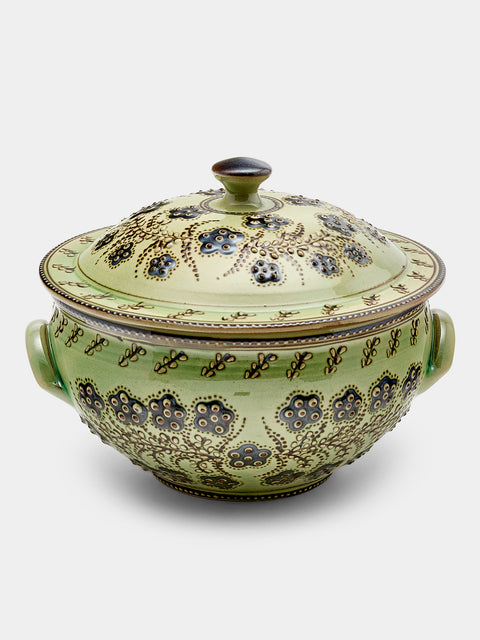 Poterie d’Évires - Flowers Hand-Painted Ceramic Small Lidded Vegetable Dish - Green - ABASK - 