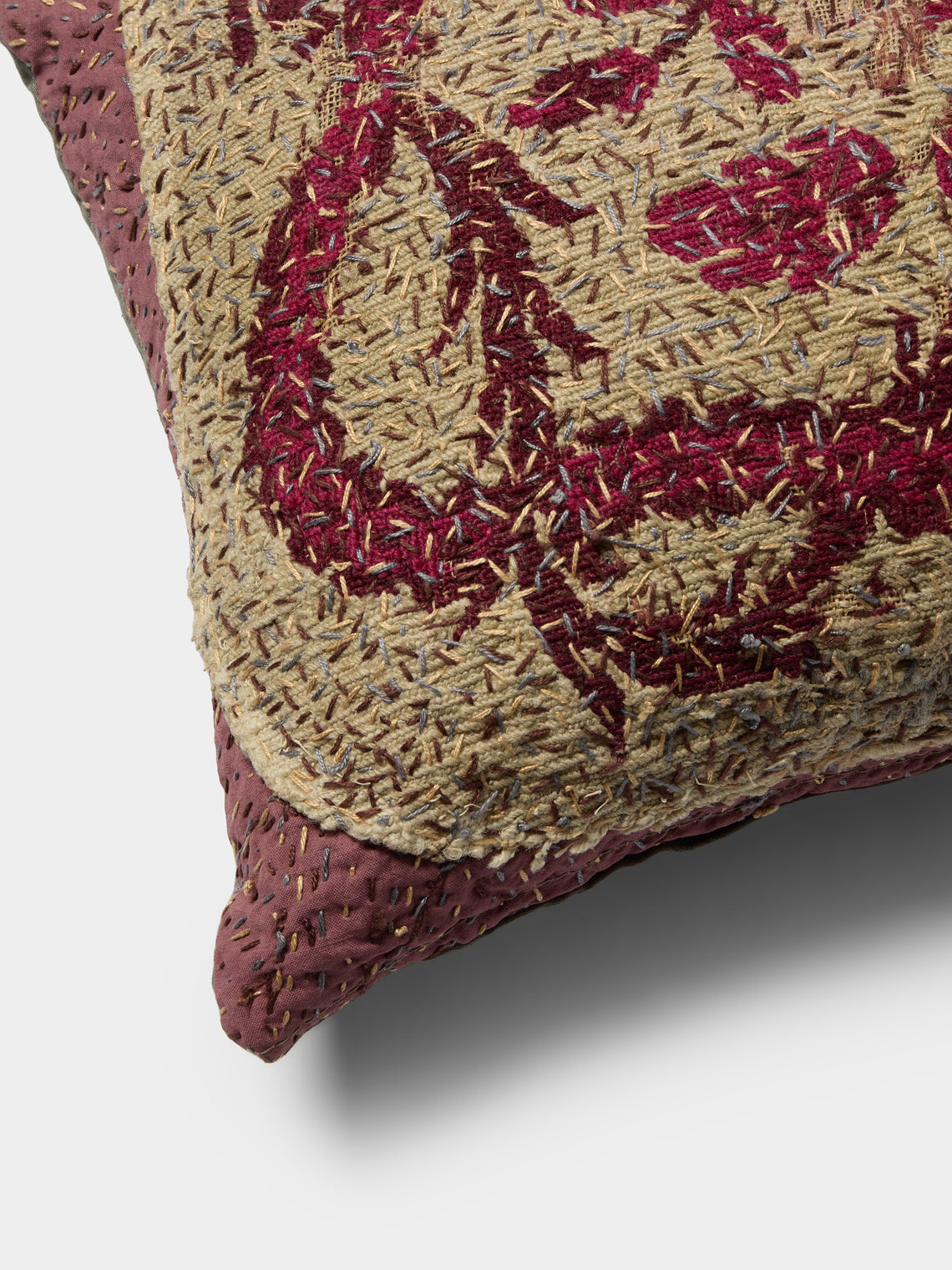 By Walid - 18th-Century Needlepoint Wool and Damask Cushion (21.5in/55cm) - Red - ABASK