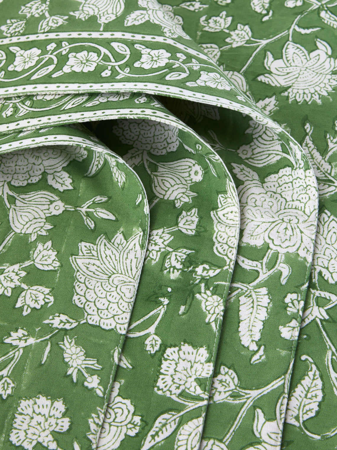 Chamois - Indian Rose Block-Printed Linen Placemats (Set of 4) - Green - ABASK