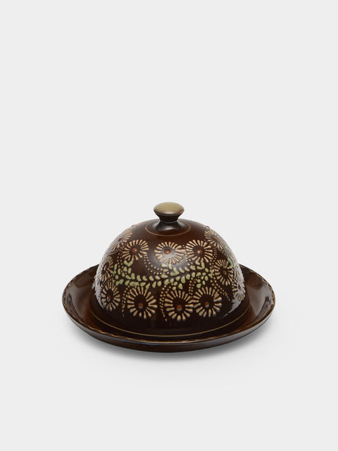 Poterie d’Évires - Flowers Hand-Painted Ceramic Large Lidded Butter Dish - Dark brown - ABASK - 