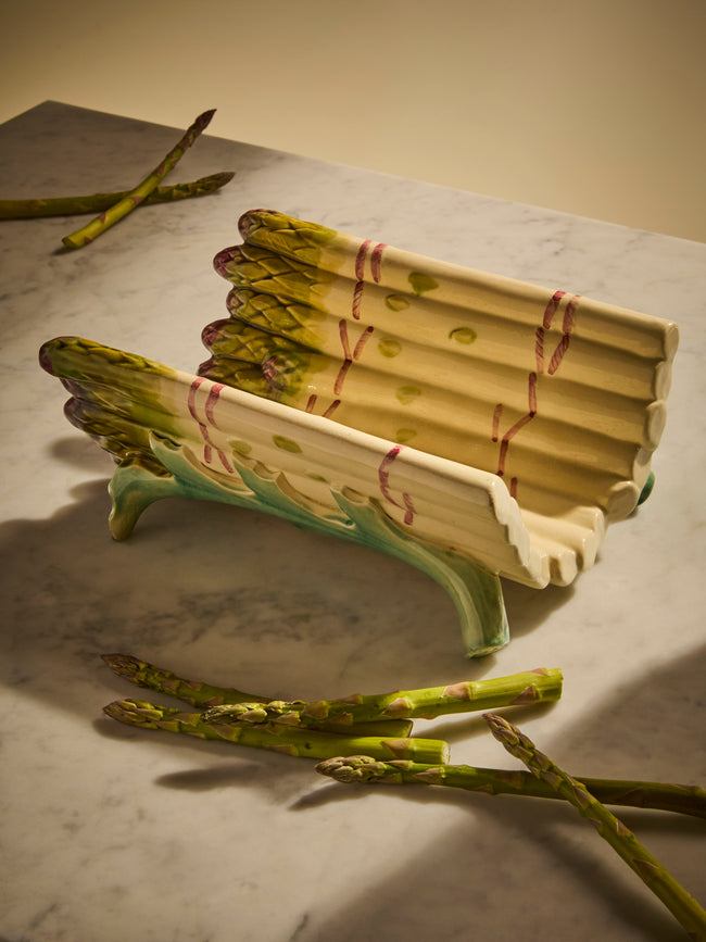 Antique and Vintage - Mid-Century Majolica Ceramic Asparagus Tray (10in/26cm) - White - ABASK