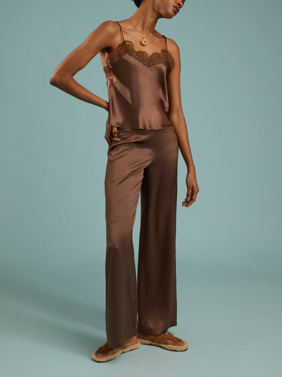 Loretta Caponi - Esmeralda Silk and Lace Top | Size: XS - Brown - ABASK
