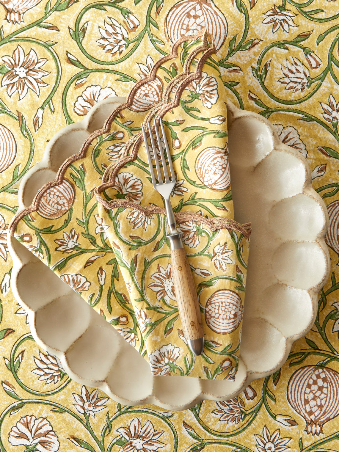 Chamois - Tangier Pomegranate Block-Printed Cotton Napkins (Set of 8) - Yellow - ABASK