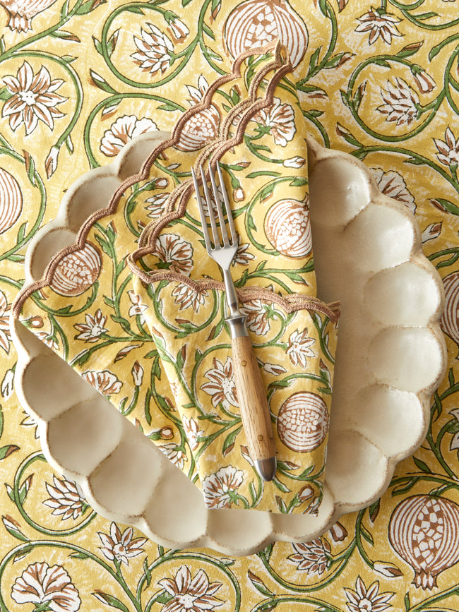 Chamois - Tangier Pomegranate Block-Printed Cotton Napkins (Set of 8) - Yellow - ABASK