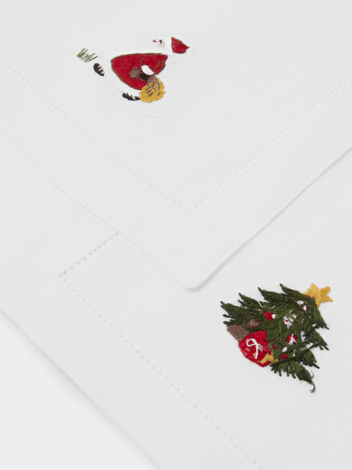 ERI Textiles - | Set of 6 | Santa Claus Hand-Embroidered Linen Cocktail Napkins - White - ABASK