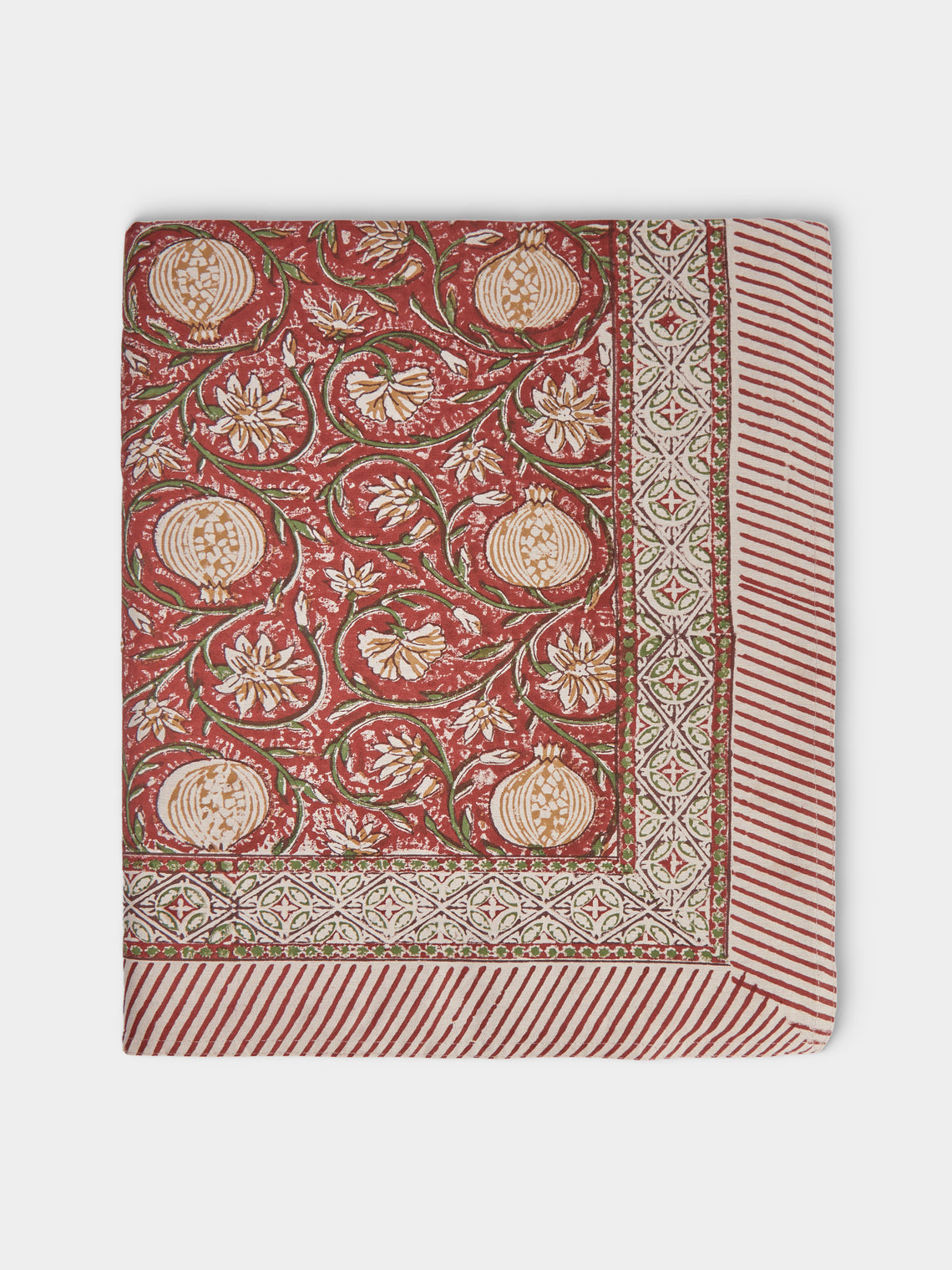 Chamois - Tangier Pomegranate Block-Printed Cotton Rectangular Tablecloth (138in/3.5m) - Multiple - ABASK - 